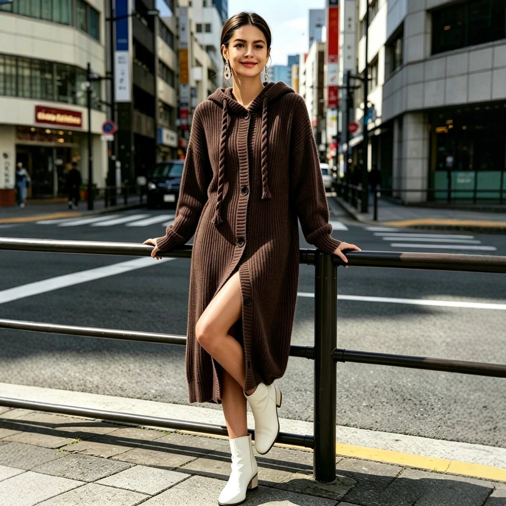 Hooded drawstring long dress for women