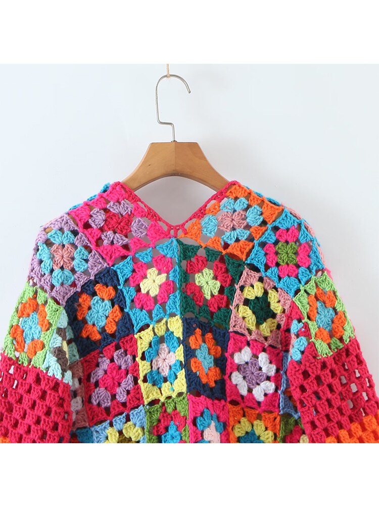 New Fall Women Multicolor Plaid Flower Hand Made Crochet Cardigan Coat Single Button Female Boho Crop Sweater Outerwear