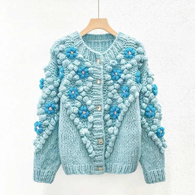 Round neck long sleeved three-dimensional handmade flower loose and fashionable knitted cardigan