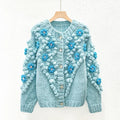 Round neck long sleeved three-dimensional handmade flower loose and fashionable knitted cardigan