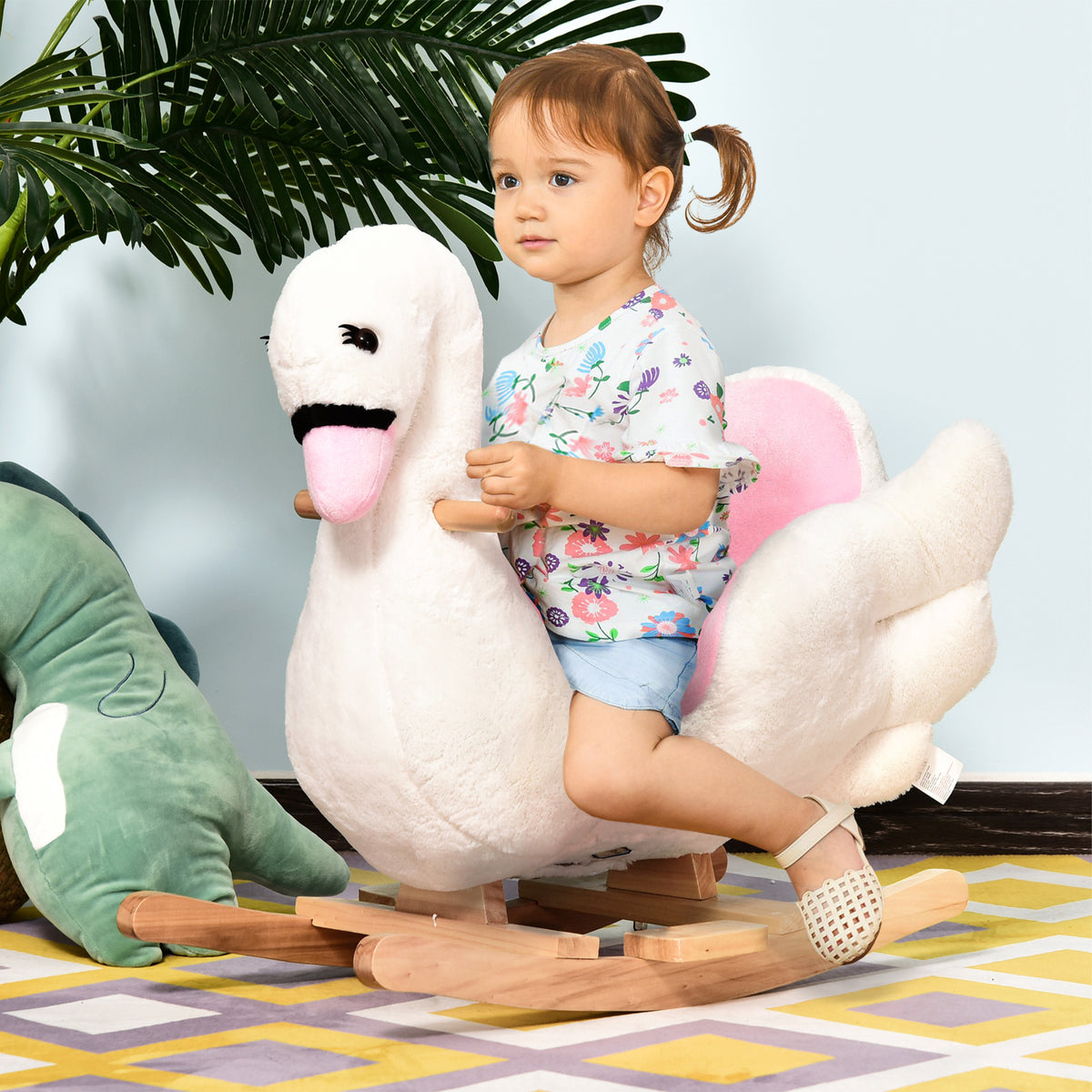 Jouet à bascule cygne à bascule pour enfant de 18 mois et plus fonction musique pieds en bois - blanc et rose-9