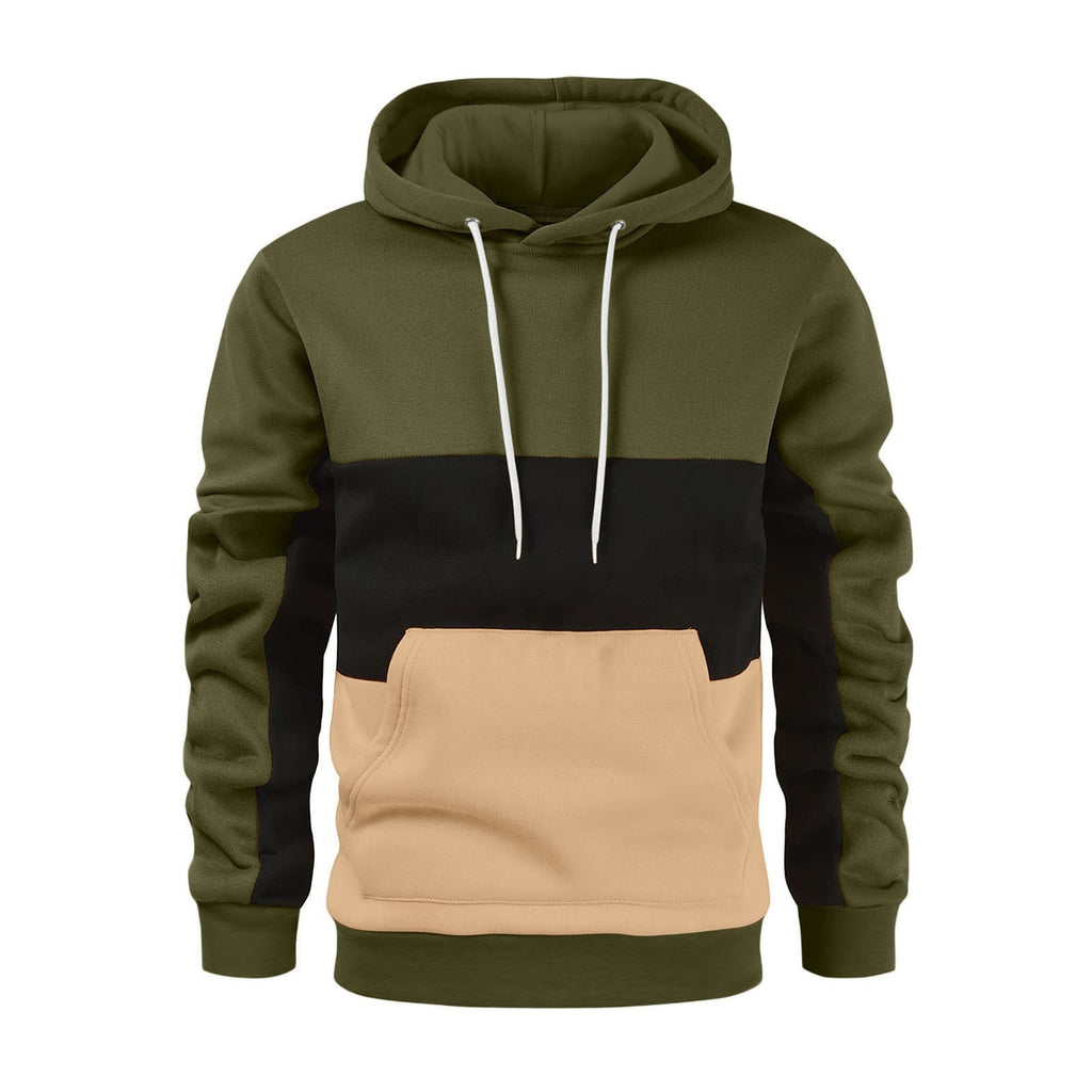 New autumn and winter men's warm plush hoodie, fashionable color blocking casual pullover hoodie, sports hoodie