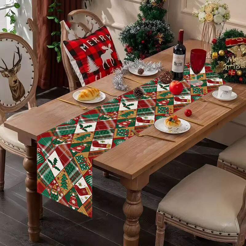 Christmas Socks Printed Table Flag Linen Plaid Printed Tablecloth Festival Party Decoration Tablecloth Tea Flag