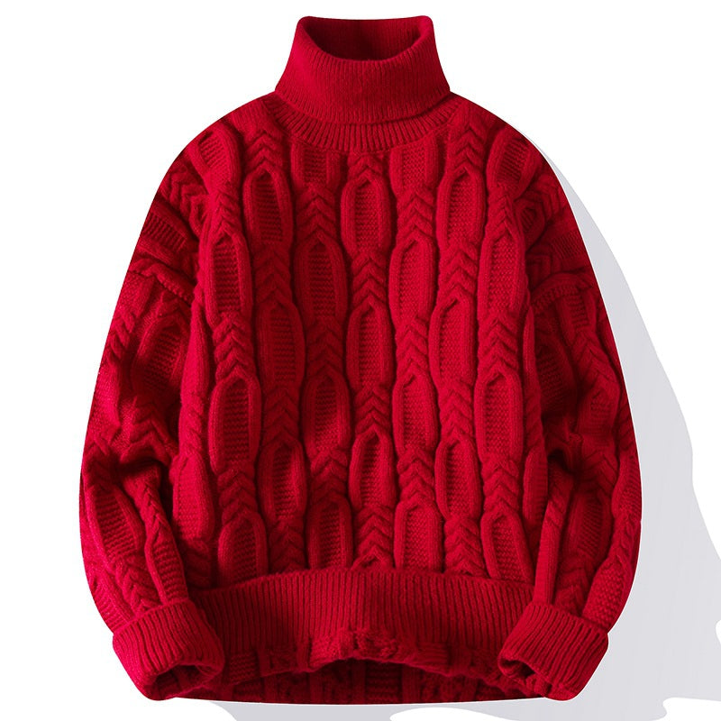 Anyang Dark Red Cable Knit Turtleneck Sweater Thickened Unisex Outerwear