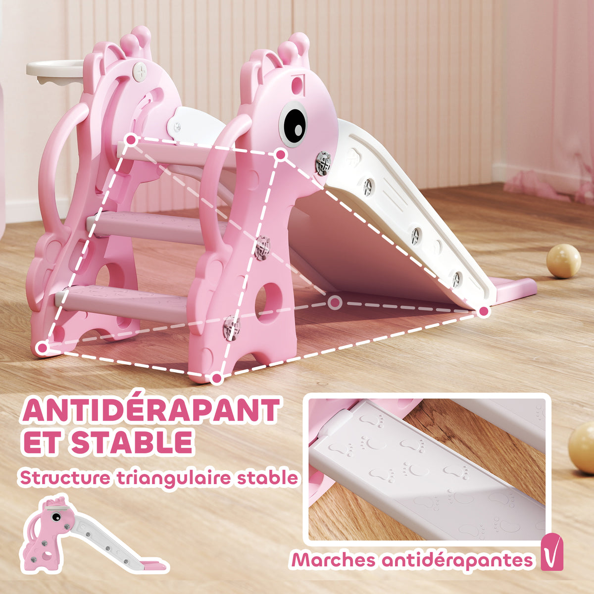 Toboggan pour enfants 3 en 1 en forme de girafe avec panier de basket, escalade et ballon, 106 x 51,5 x 52 cm, rose-6