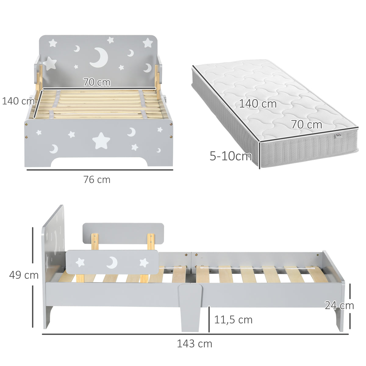 Lit pour enfants de 3 à 6 ans design étoiles et lune sommier à lattes inclus chambre moderne 143 x 76 x 49 cm gris-2