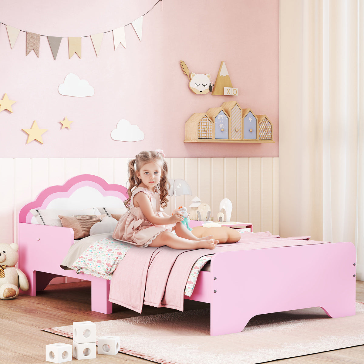 Lit pour enfants de 3 à 6 ans 143 x 74 x 55 cm design nuage sommier à lattes inclus chambre moderne rose-1