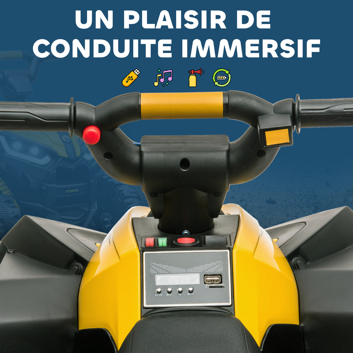 Quad électrique enfant 12 V, voiture électrique enfants 2 moteurs 2 vitesses 3-6 km/h, phares LED, klaxon, pour enfant de 3 à 5 ans, poignée et selle ergonomique, jaune-5