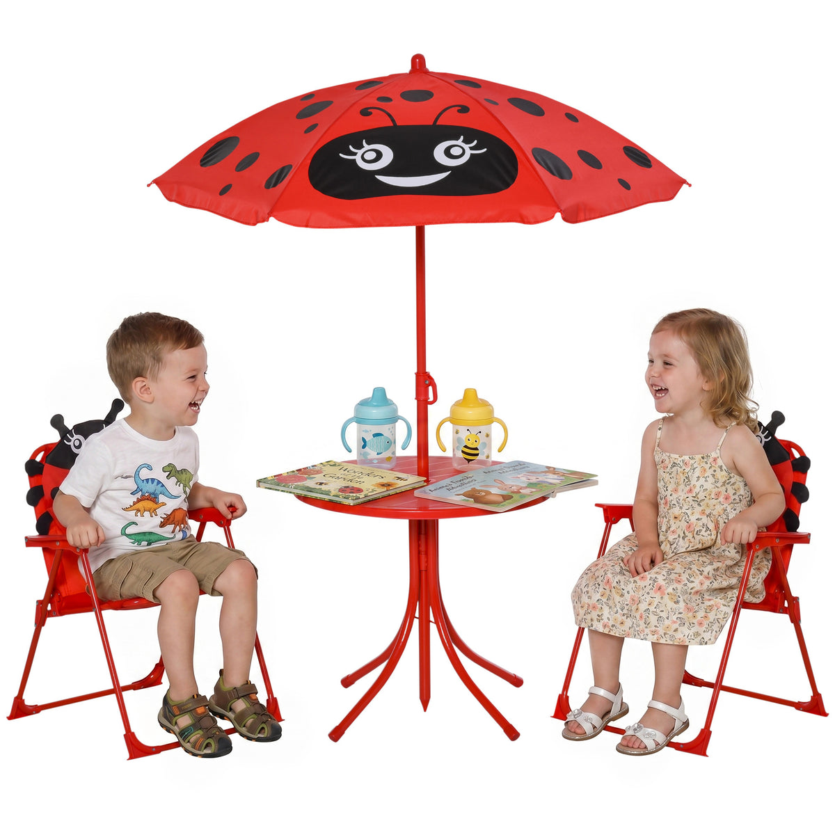 Ensemble Salon de Jardin Enfant 4 pcs Design Coccinelle - Table Ronde + 2 chaises Pliables + Parasol - métal époxy Oxford Rouge-0