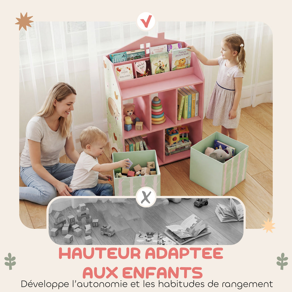 Meuble rangement enfant, bibliothèque enfants avec étagères ouvertes et 2 tiroirs en tissu, MDF, rose-4