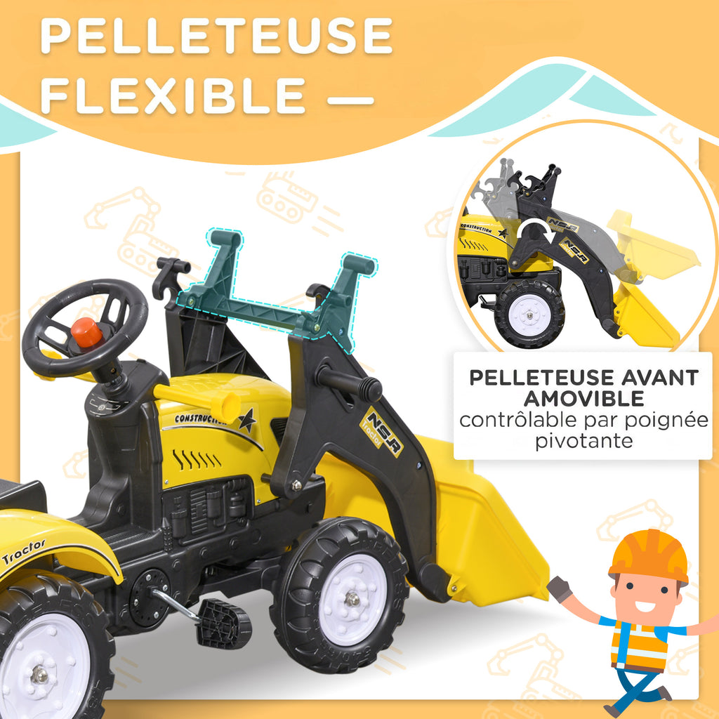 Tracteur à pédales tractopelle avec remorque Pelle et râteau Jeu de Plein air Enfants à partir de 3 Ans Jaune Noir-3
