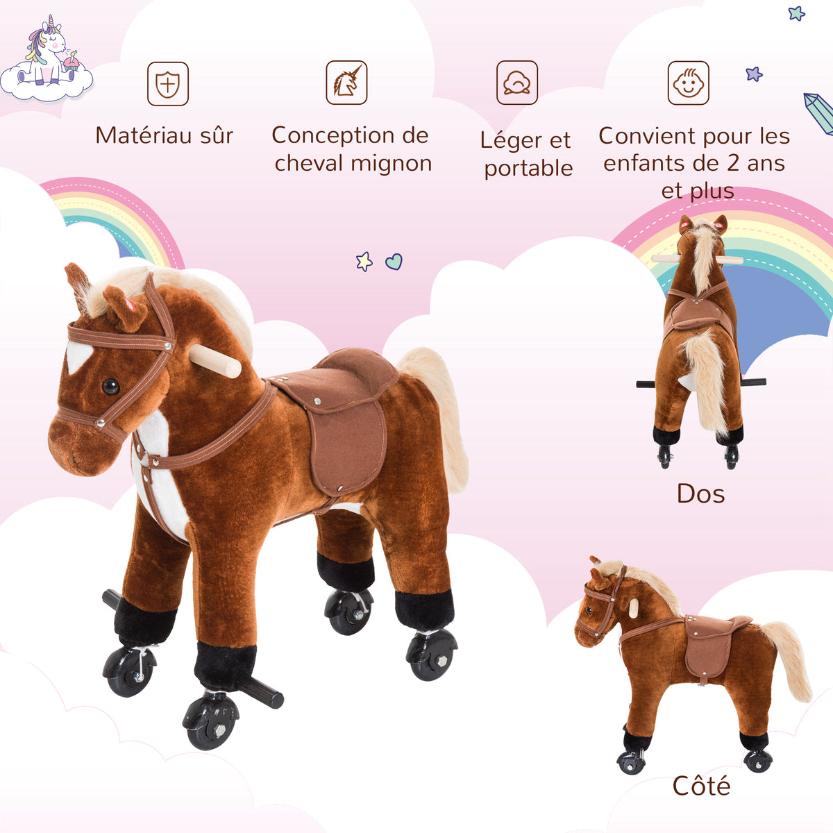 Jouet cheval pour enfant de +24 mois avec 4 roulettes, effet sonore, repose-pieds et guidon, 55x23x60 cm Marron-4