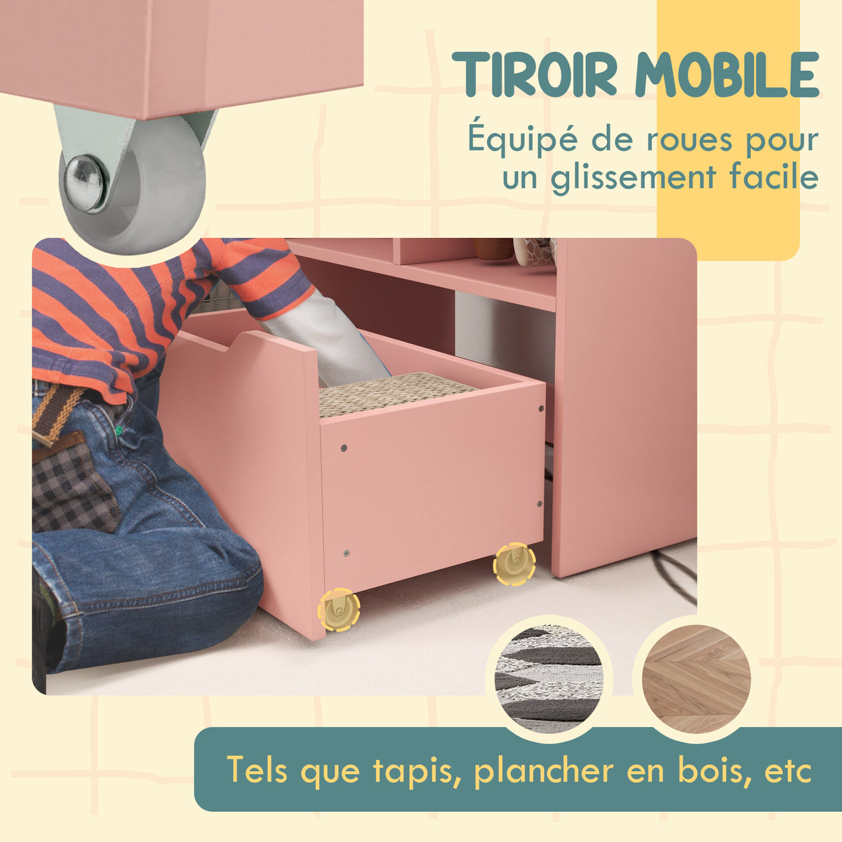Bibliothèque étagère Multi-Rangement 3 étagères 2 niches Grand tiroir en bois Rose-5