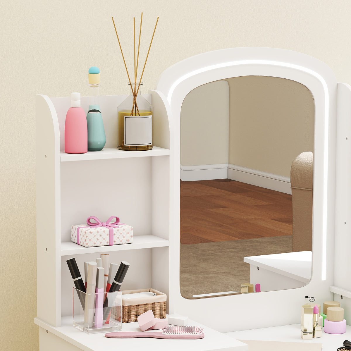 Coiffeuse pour enfants avec tabouret et miroir LED, table de maquillage pour 3 à 8 ans, 104 x 40 x 112 cm, blanc-9
