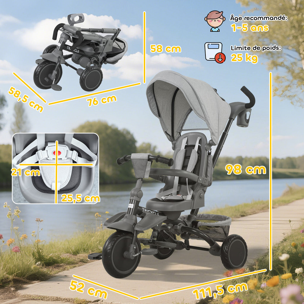 Tricycle bébé évolutif 6 en 1, tricycle enfant pliable avec poignée parentale réglable, siège pivotant 360°, gris-2