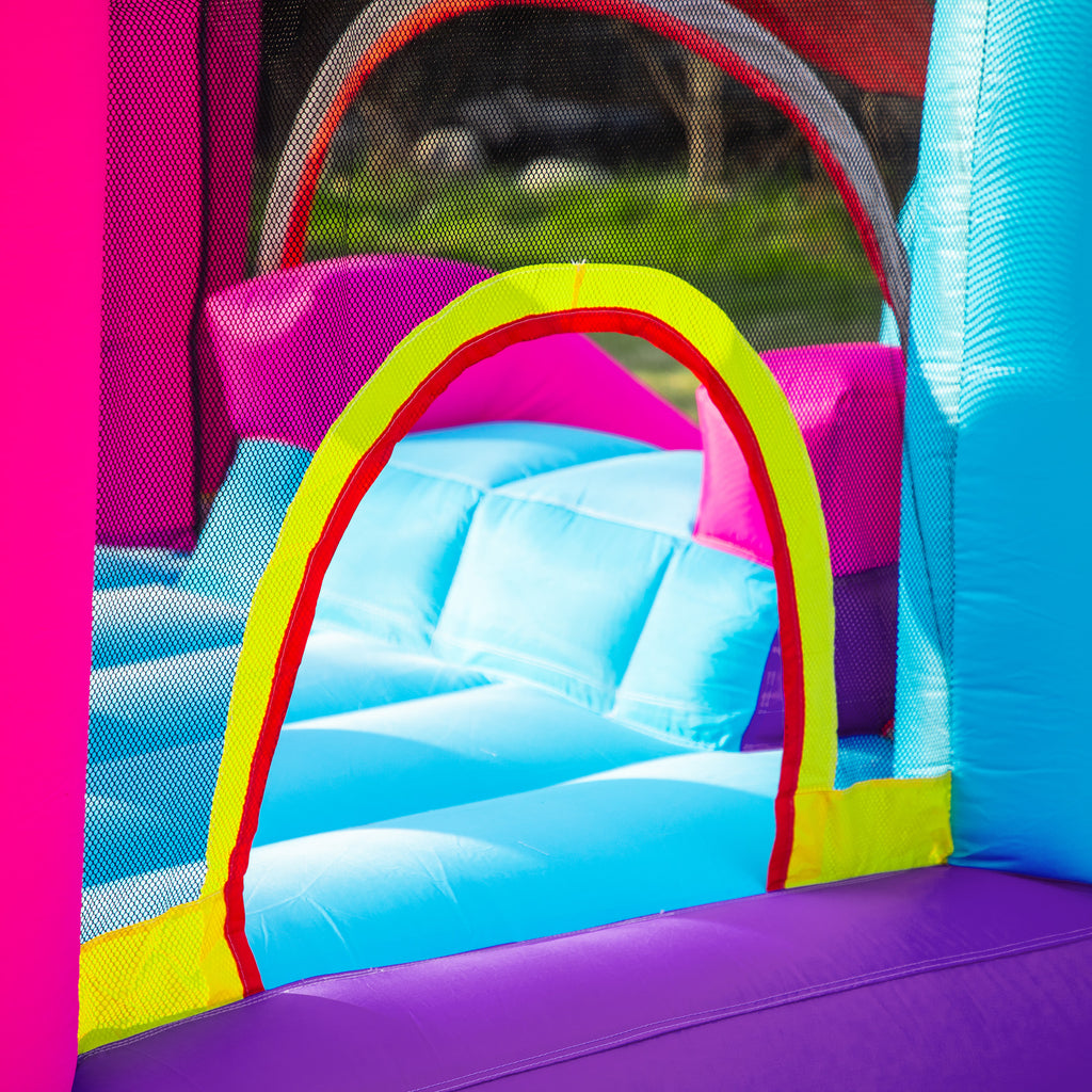 Château Gonflable avec Toboggan, Trampoline, Aire de Jeux Piscine et Panier Jusqu'à 3 Enfants +3 Ans gonfleur et Sac de Transport Souffleur 350W inclus dim. 300L x 270l x 200H cm Multicolore-8