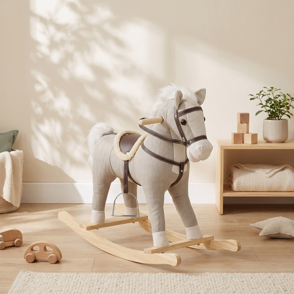 Cheval à bascule pour enfants, jouet à bascule bébé en tissu effet lin avec effets sonores et poignées de sécurité, gris-8