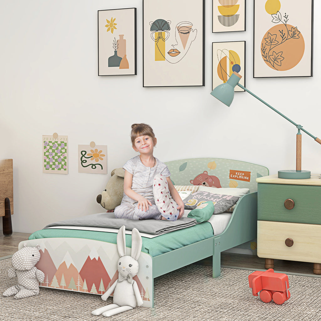 Lit pour enfant 3-6 ans avec barrières de sécurité et motifs dim. 77 x 143 x 60 cm sommier à lattes inclus - Vert-1