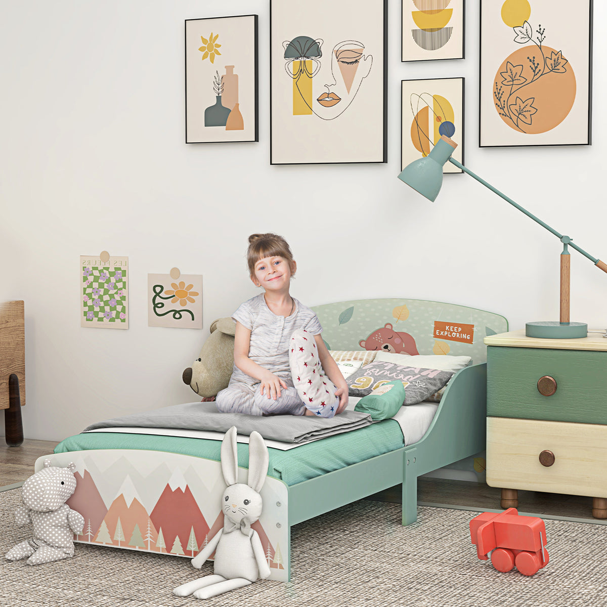Lit pour enfant 3-6 ans avec barrières de sécurité et motifs dim. 77 x 143 x 60 cm sommier à lattes inclus - Vert-1