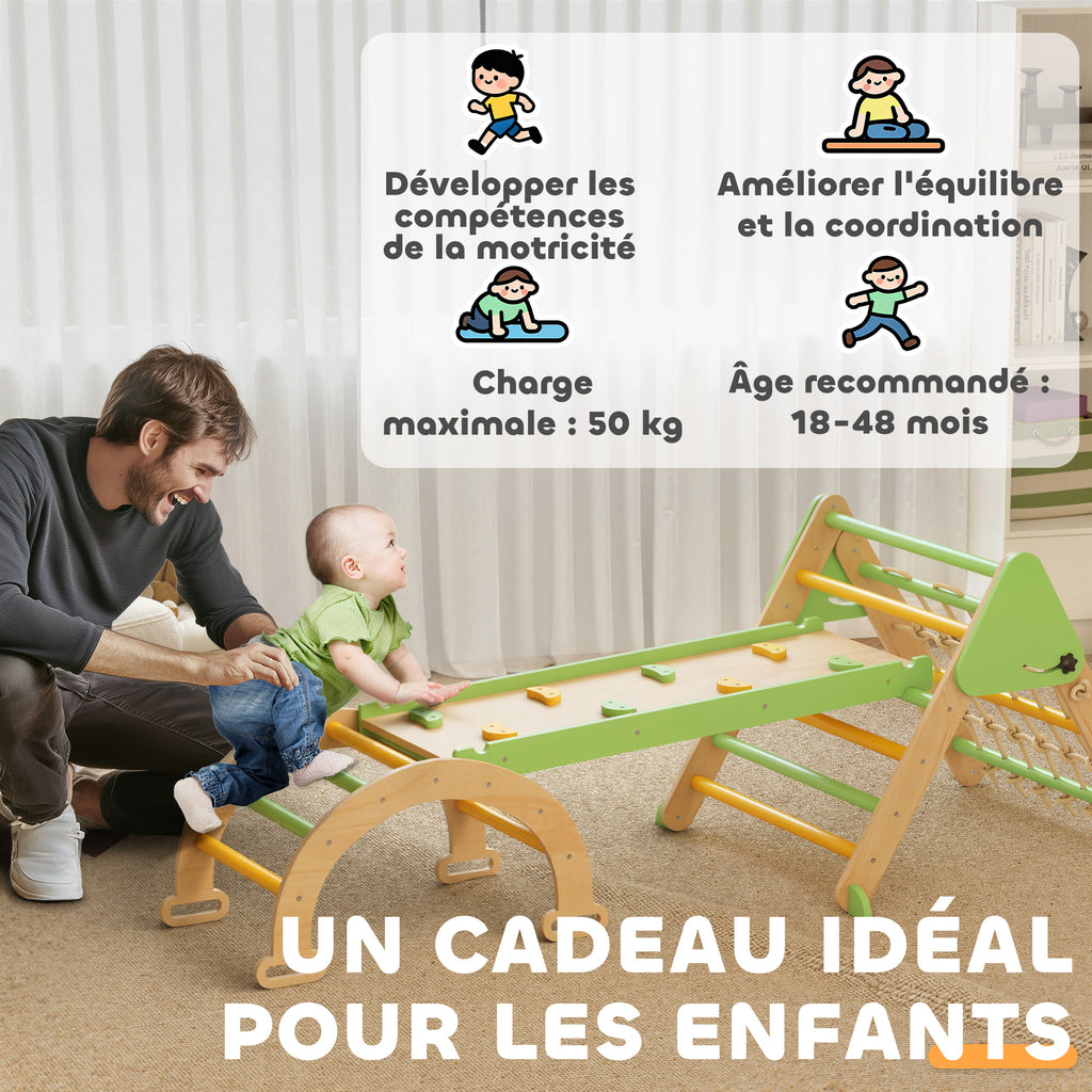 Triangle d'escalade enfants 8 en 1 avec rampe double face, arc d'escalade en bois avec toboggan & échelle, vert-7
