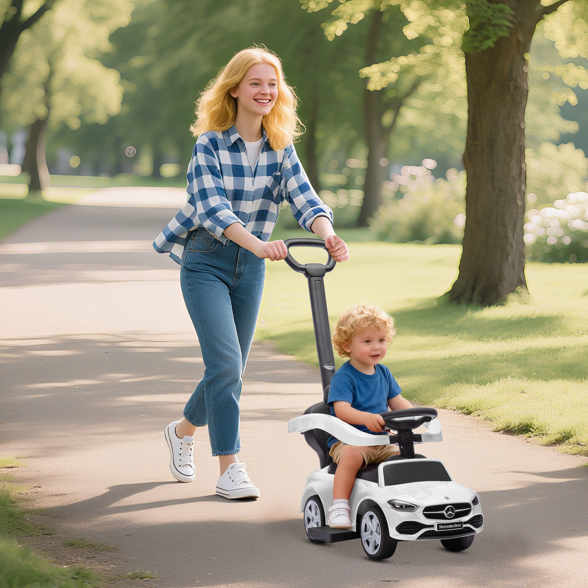 Porteur Enfants Mercedes-Benz sous Licence, Porteur Voiture à Pousser avec Poignée Amovible, 91 x 40 x 83 cm, Blanc-9