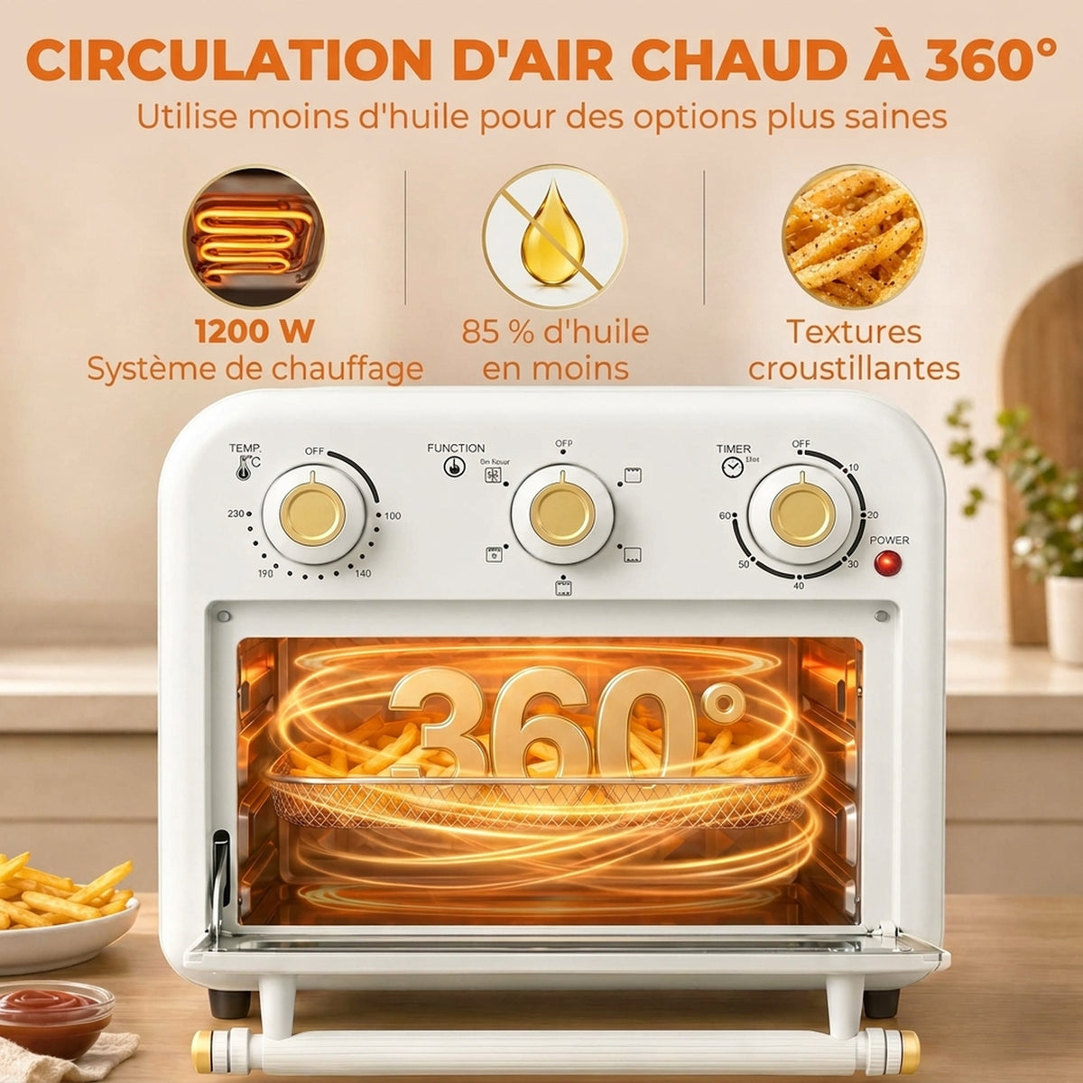 Four Friteuse à Air Chaud 12L, Four à Air Chaud Convection 1200 W avec Plaque de Cuisson, Panier de Friture, Crème-6