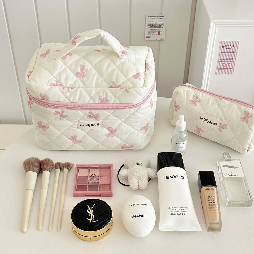 Cute Bow Flower Quilting Cotton Makeup Bag Women Zipper Cosmetic Organizer Female Cloth Handbag Portable Toiletry Case for Girls