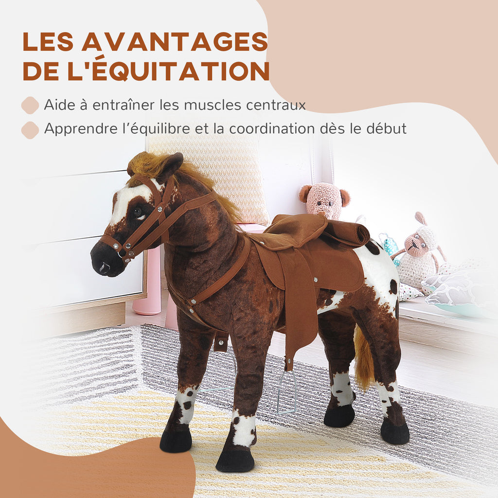 Cheval Debout en Peluche Effets sonores hennissement et Galop Selle étrier rênes 85L x 28l x 60H Marron Blanc-5