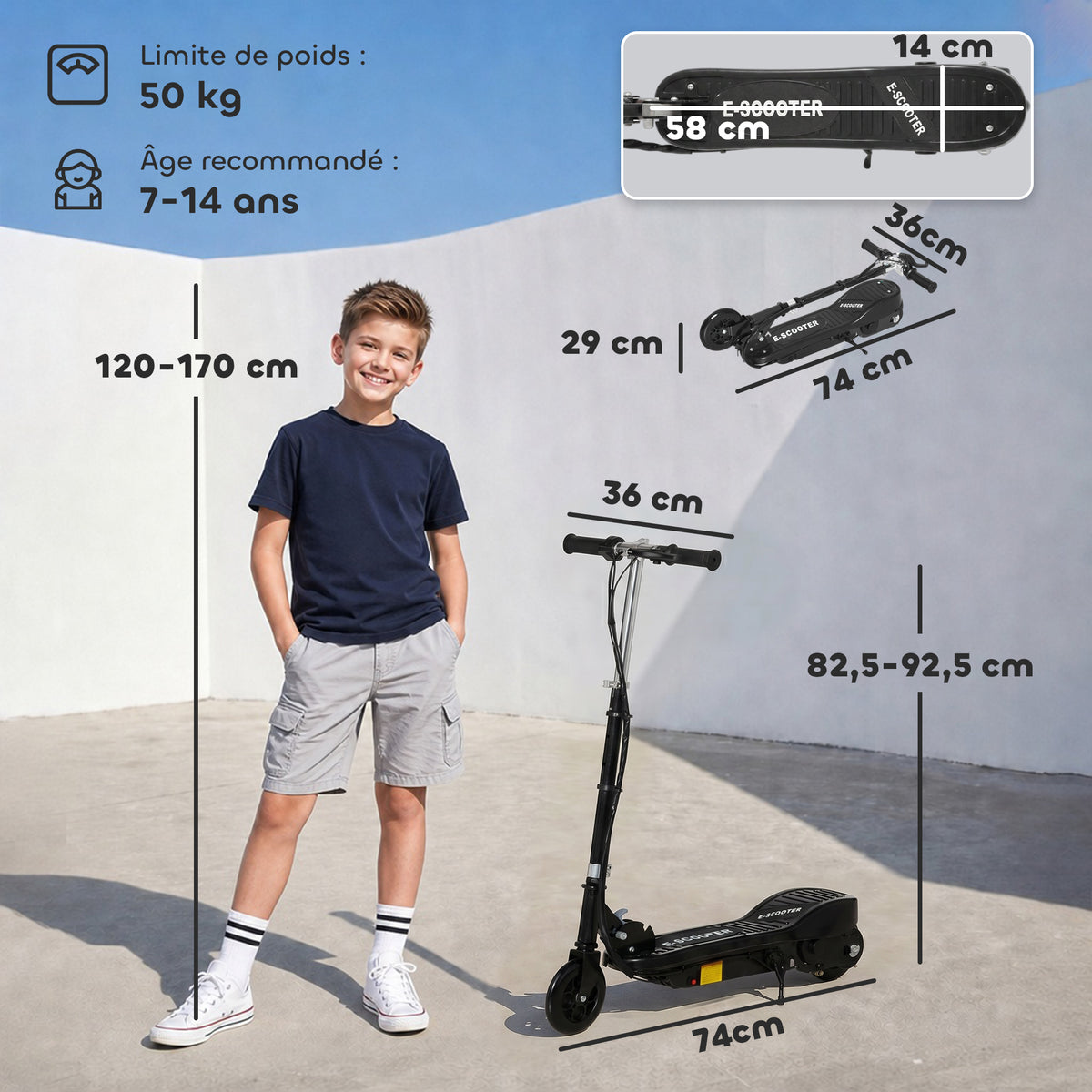Trottinette électrique pliante pour enfant de +7ans, 120W Vitesse max 12km/h, 74x36x82,5-92,5 cm Noir-2
