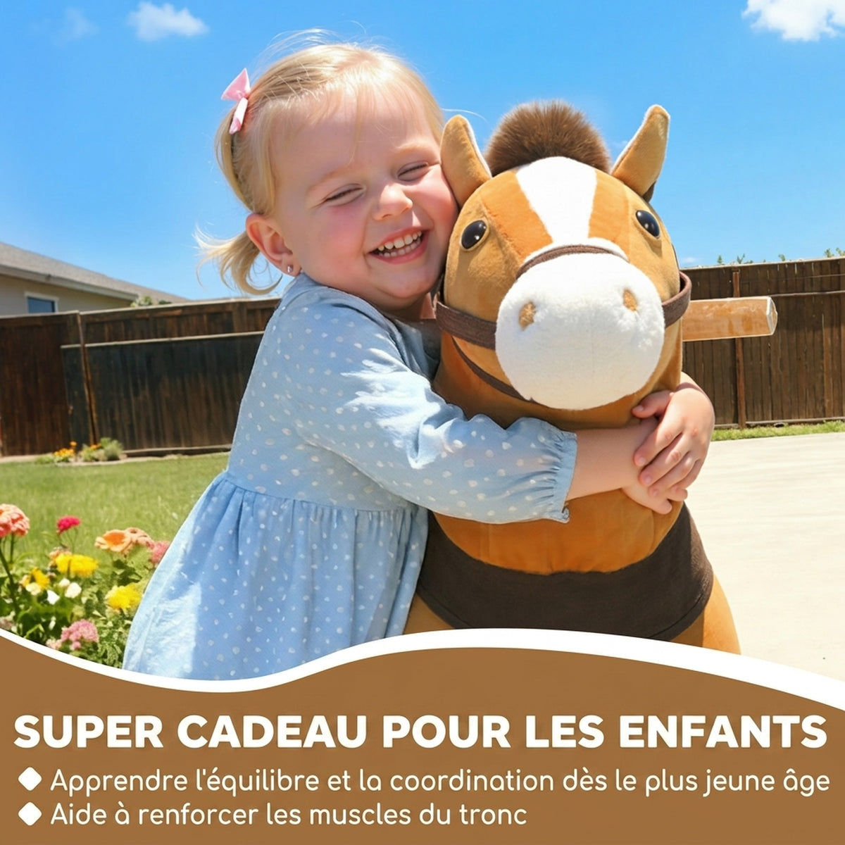 Cheval à Monter pour Enfant, Cheval à Roulettes en Peluche, Poignée, 75 cm de Haut, pour 3 à 5 Ans, Marron-6