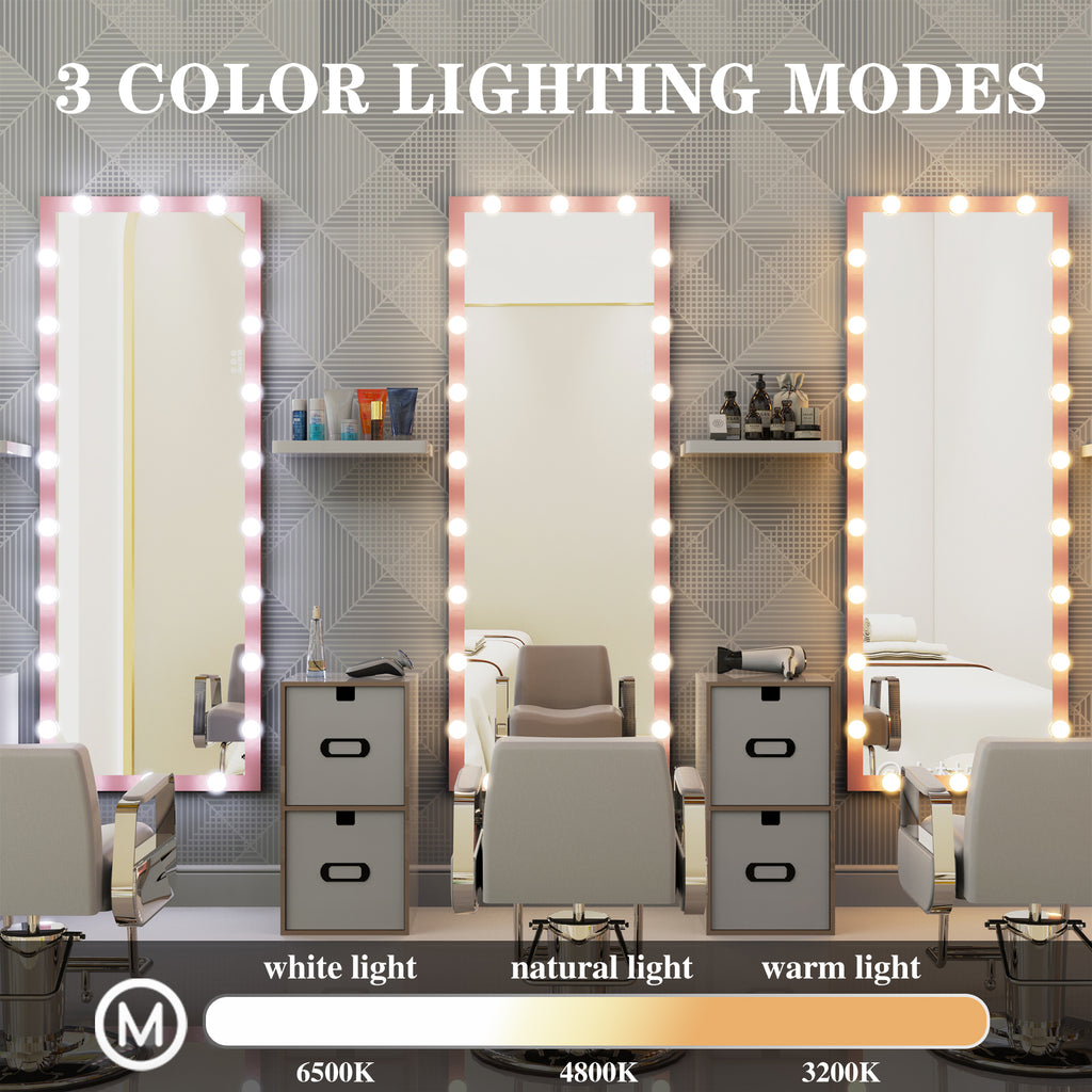 62.6-inch x 23.3-inch pink Hollywood illuminated full body vanity mirror with 3 color modesstanding floor mirror touch control