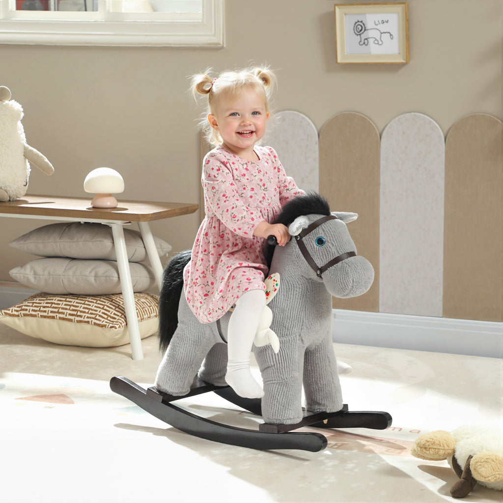 Cheval à bascule pour enfants, jouet à bascule bébé en peluche avec eouetffet sonore et poupée, 65 x 26 x 55 cm, gris-1