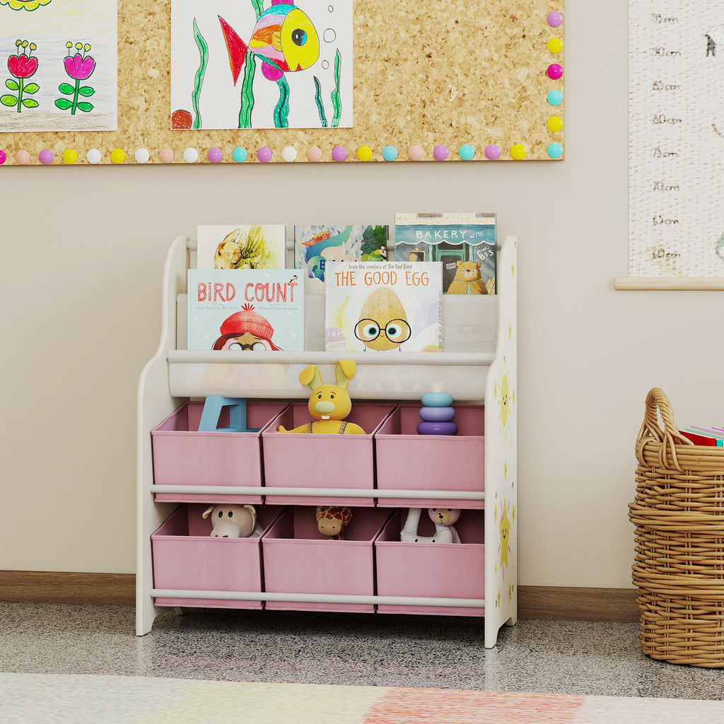 Meuble Rangement Enfant, Rangement Jouet Enfant, 6 Tiroirs en Tissu et Étagère à Deux Niveaux, 63x30x71cm, Rose-7