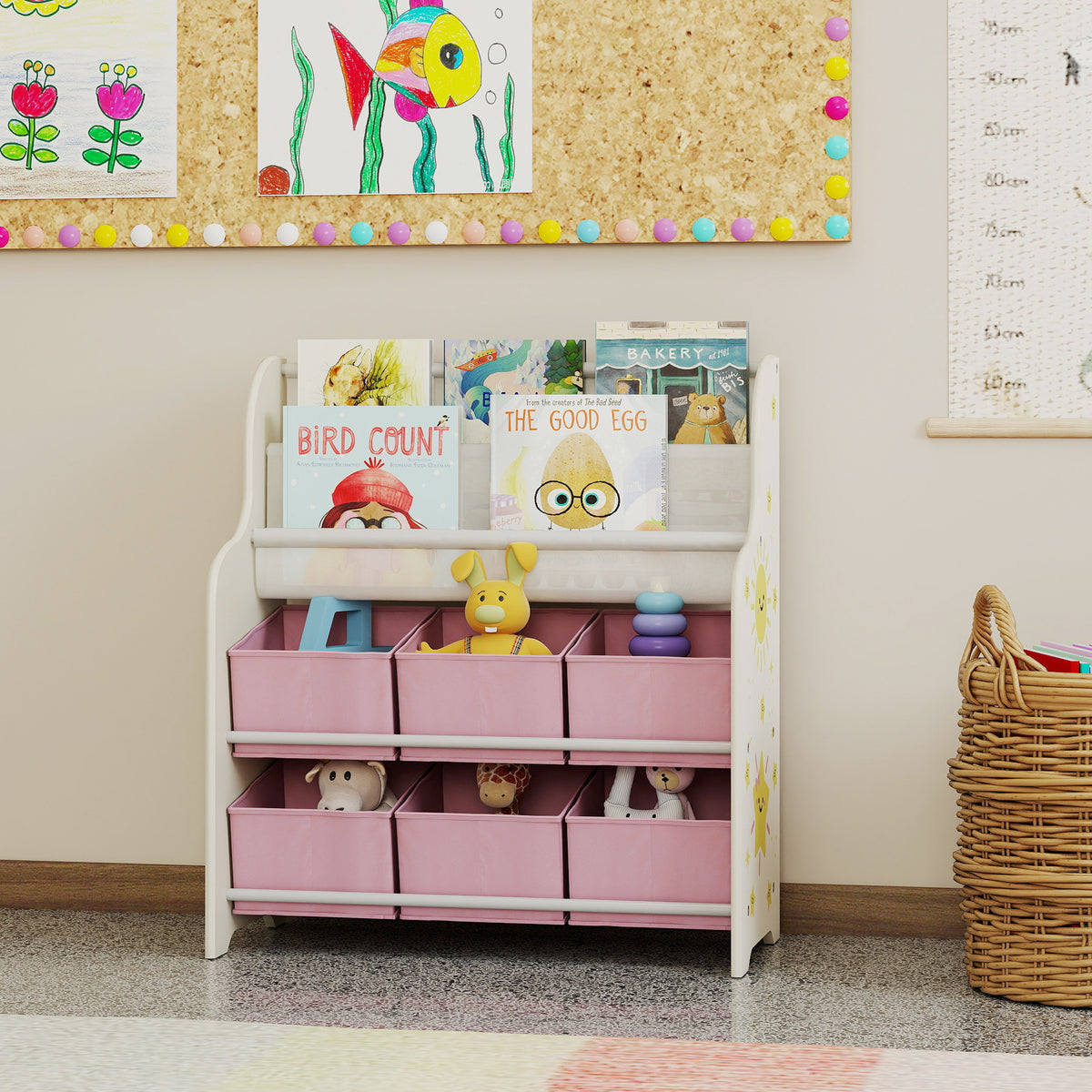 Meuble Rangement Enfant, Rangement Jouet Enfant, 6 Tiroirs en Tissu et Étagère à Deux Niveaux, 63x30x71cm, Rose-7