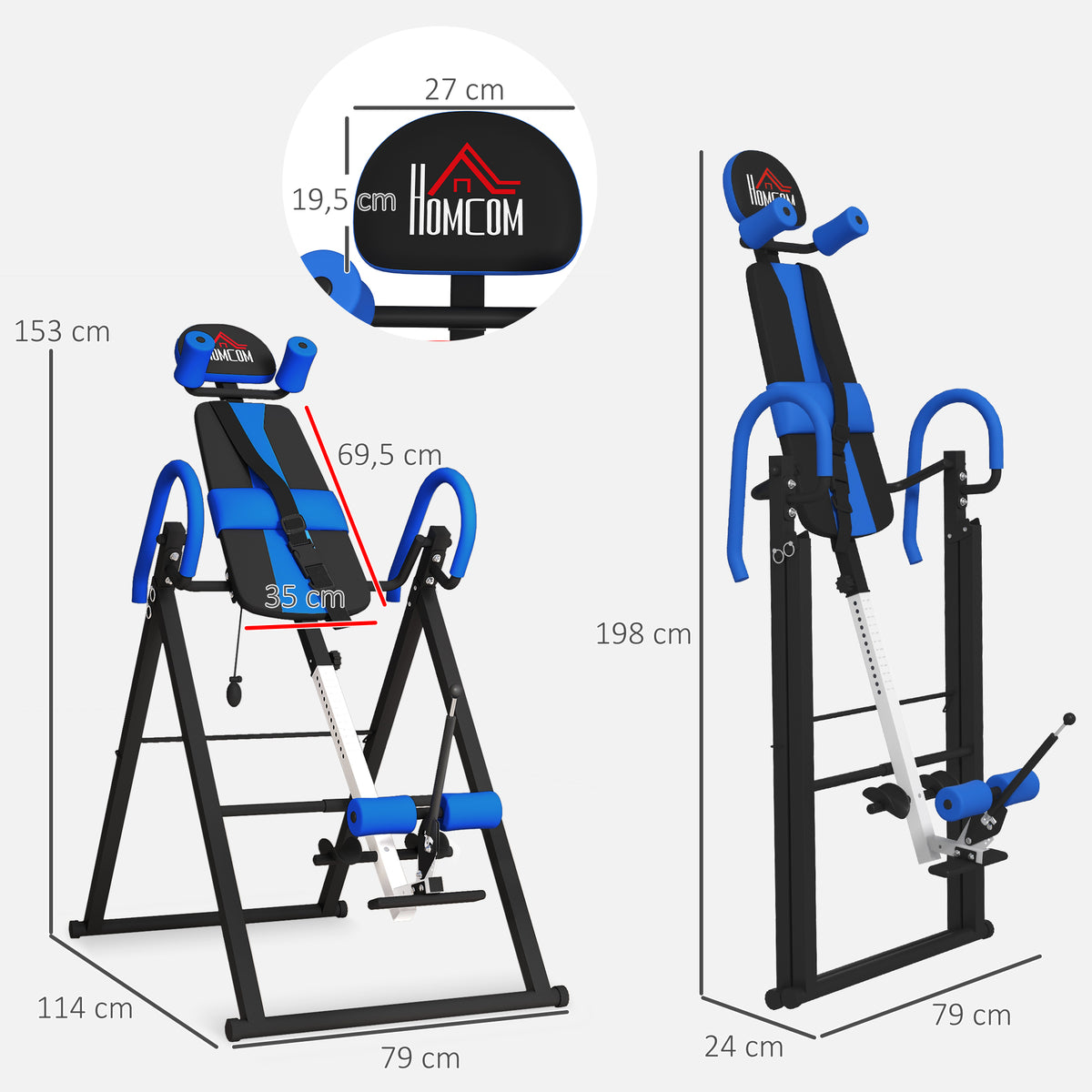 Table d'inversion de musculation pliable ceinture de sécurité réglable angle ajustable 3 niveaux 79x114x153cm bleu noir-2