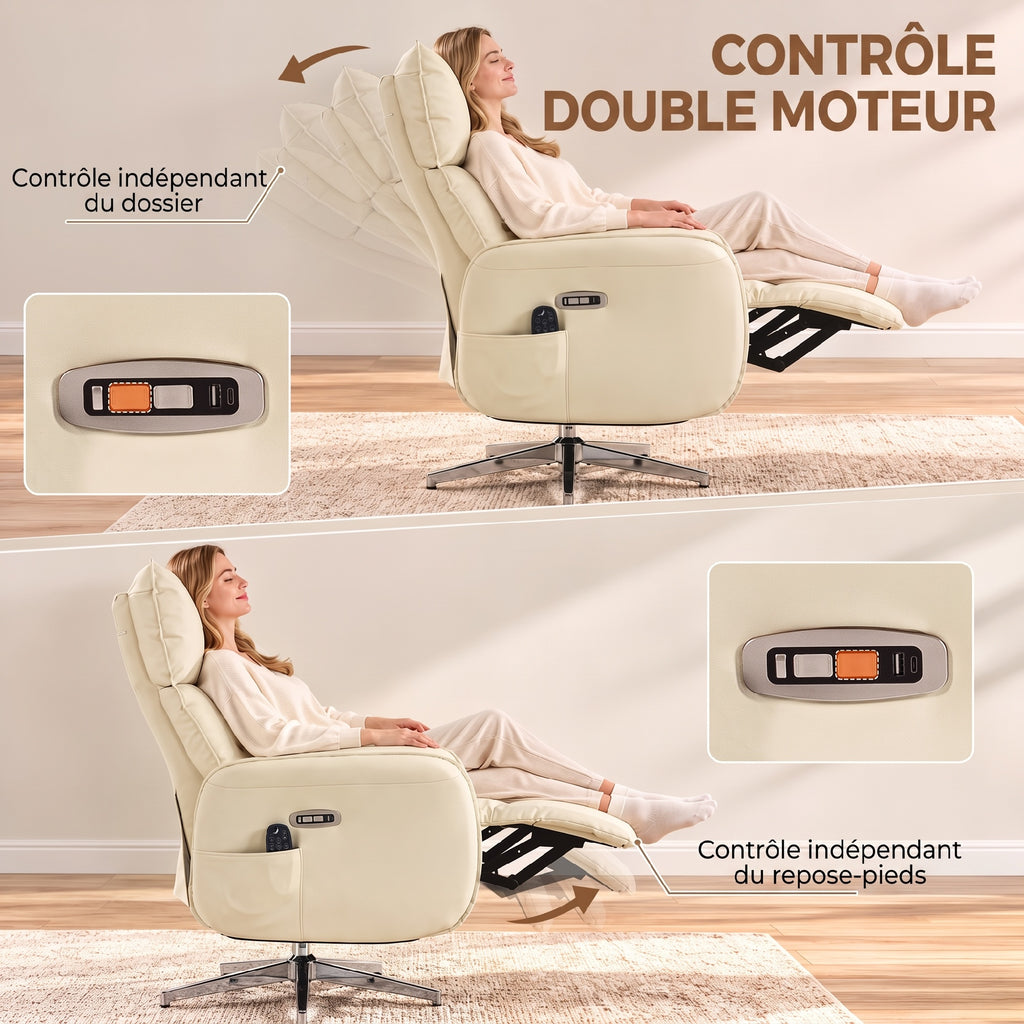 Fauteuil Relax Électrique Pivotant Massant et Chauffant Fauteuil Inclinable en PU Hauteur Réglable Double Moteur Crème-4