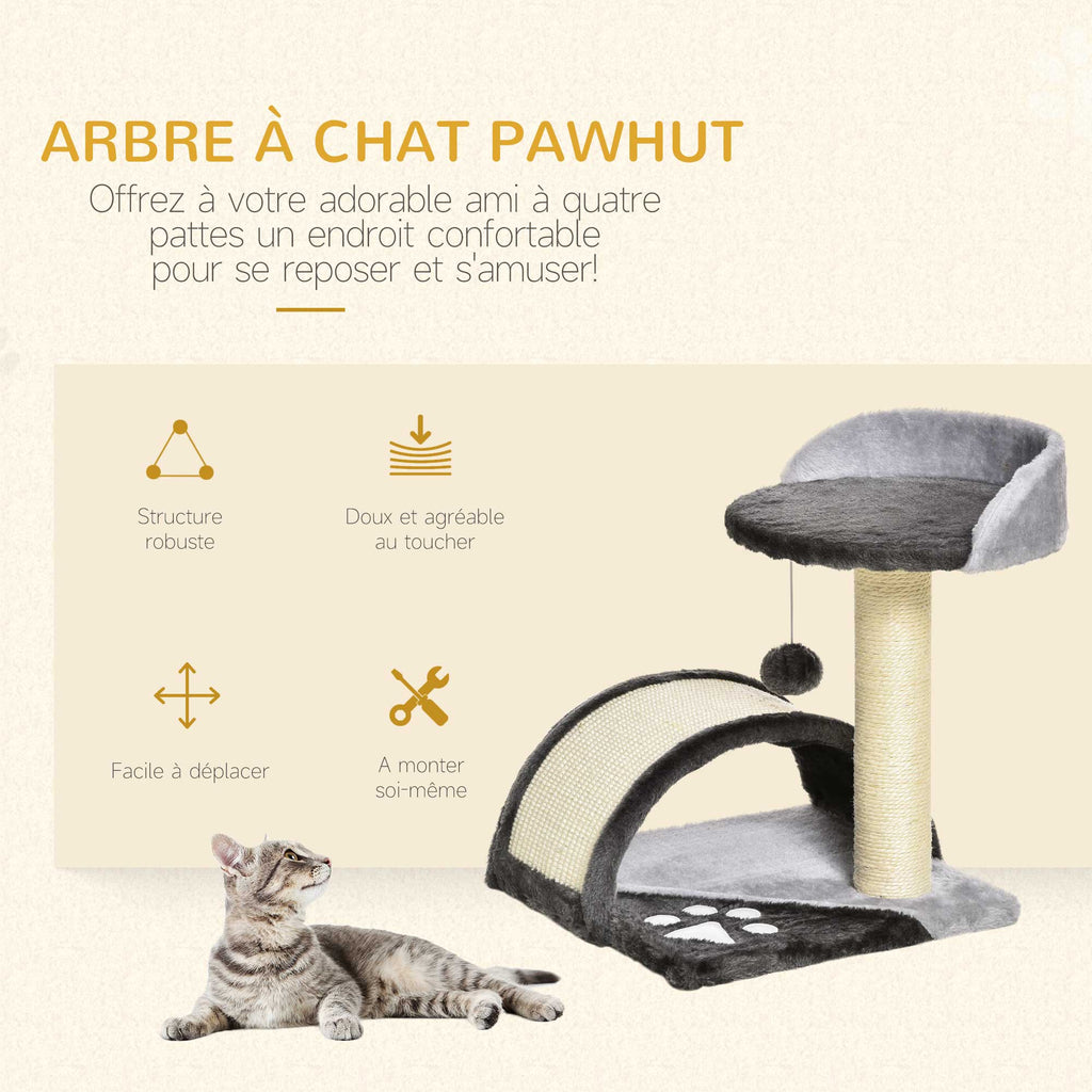Arbre à chat griffoir grattoir design jeu boule suspendue + plateforme peluche sisal naturel gris foncé-3