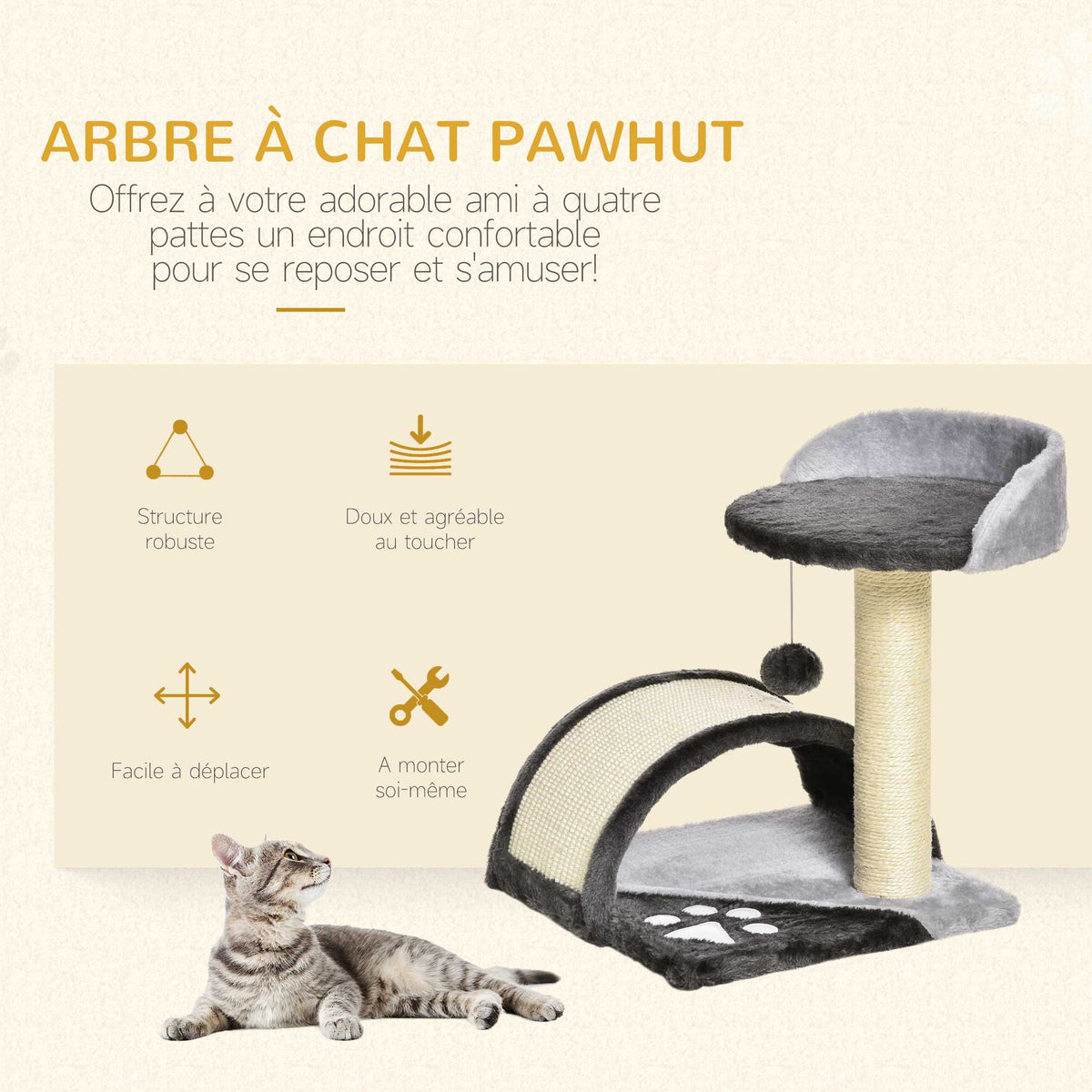 Arbre à chat griffoir grattoir design jeu boule suspendue + plateforme peluche sisal naturel gris foncé-3