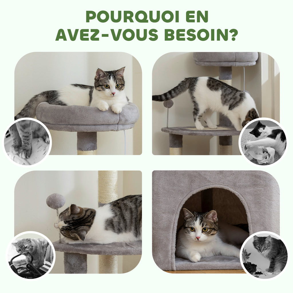 Arbre à chat tour de jeux pour chats griffoirs sisal, plate-forme, niche, tissu peluche, balles, 49x49x114cm gris clair-7
