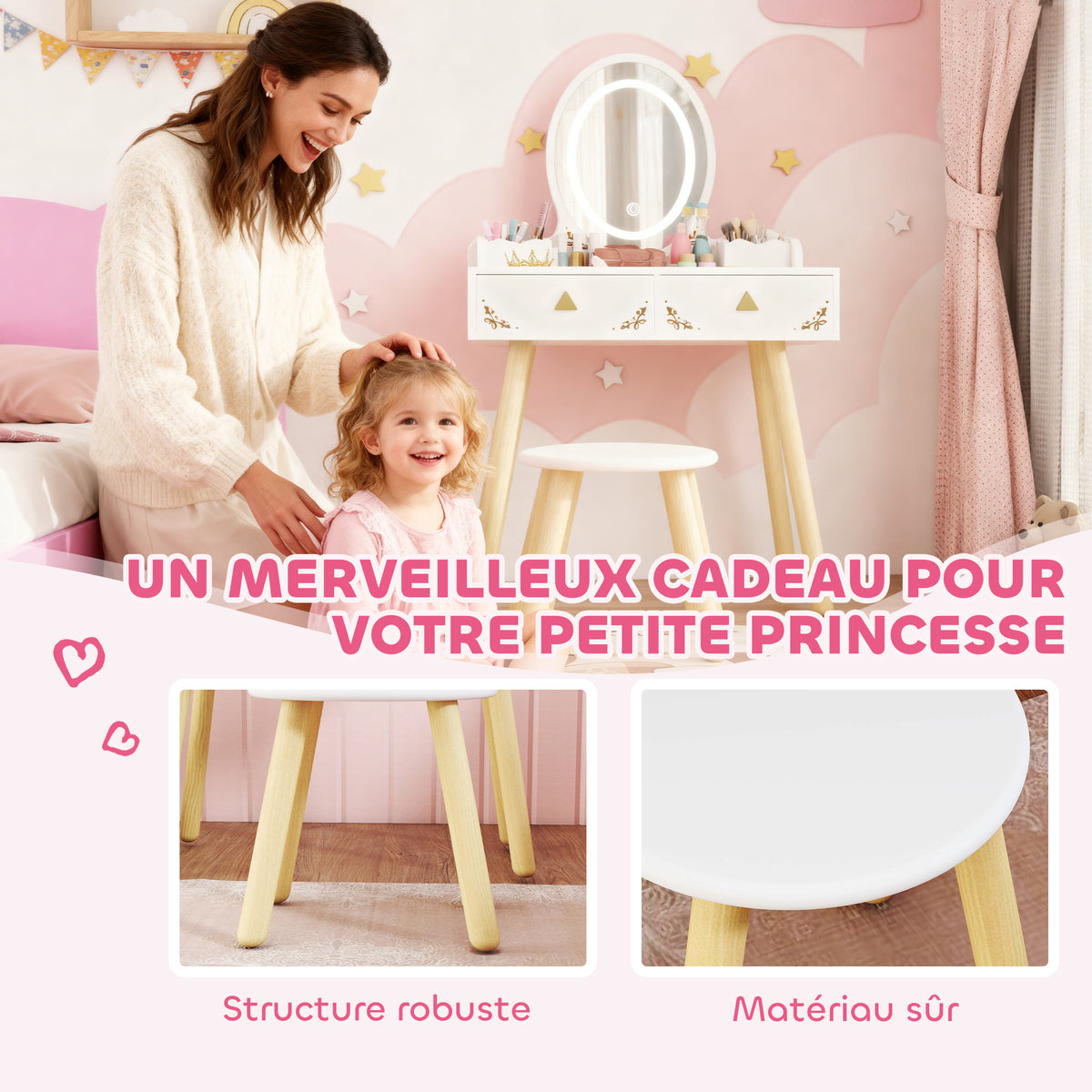 Coiffeuse pour enfant 2 en 1 bureau enfant fille avec miroir à LED 3 couleurs et tabouret 60x30x99,3 cm blanc-8