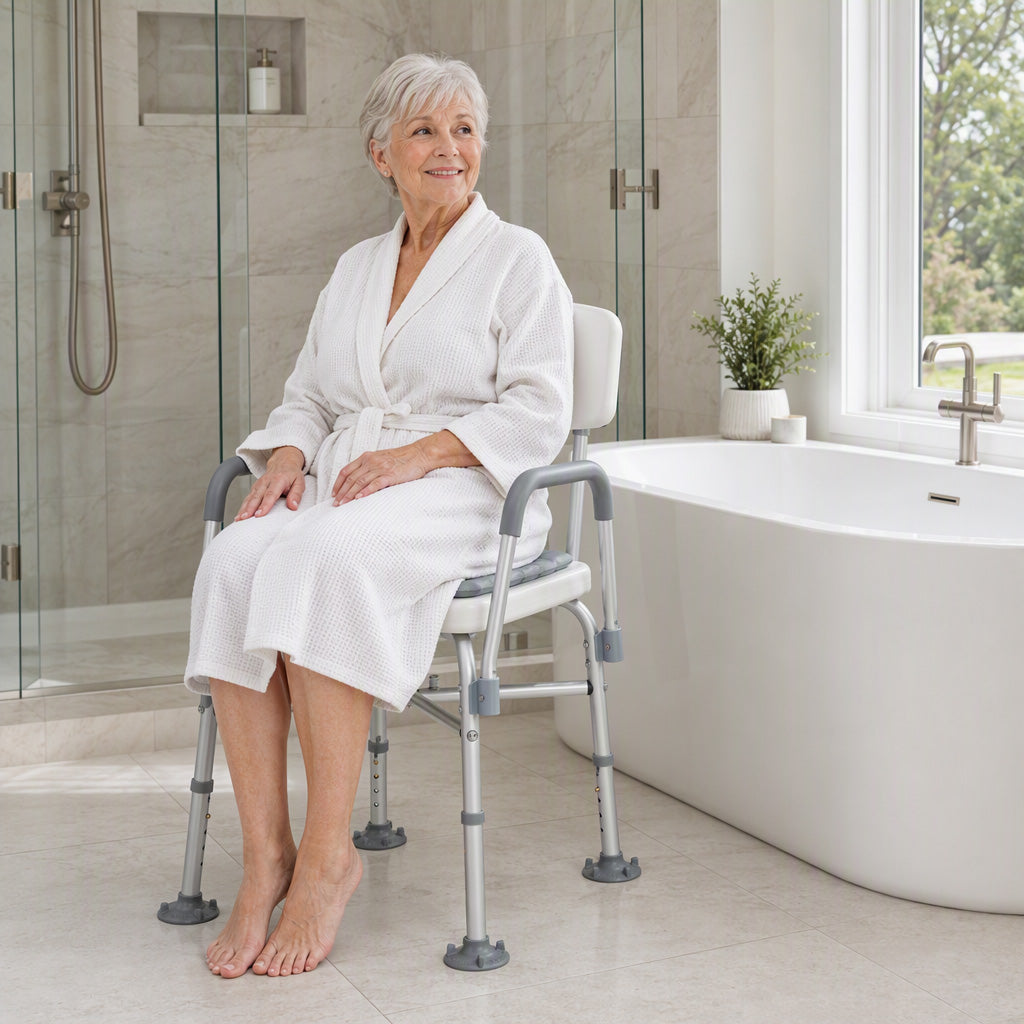 Tabouret de Douche Réglable en Hauteur à 5 Niveaux, Chaise de Douche, Accoudoirs Rembourrés et Coussin Amovible, Gris-8