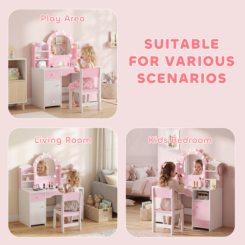 Coiffeuse pour Enfants avec Tabouret et Miroir Lumineux à 2 Couleurs en Acrylique, pour 3-8 Ans, 90 x 41 x 104 cm, Rose-8