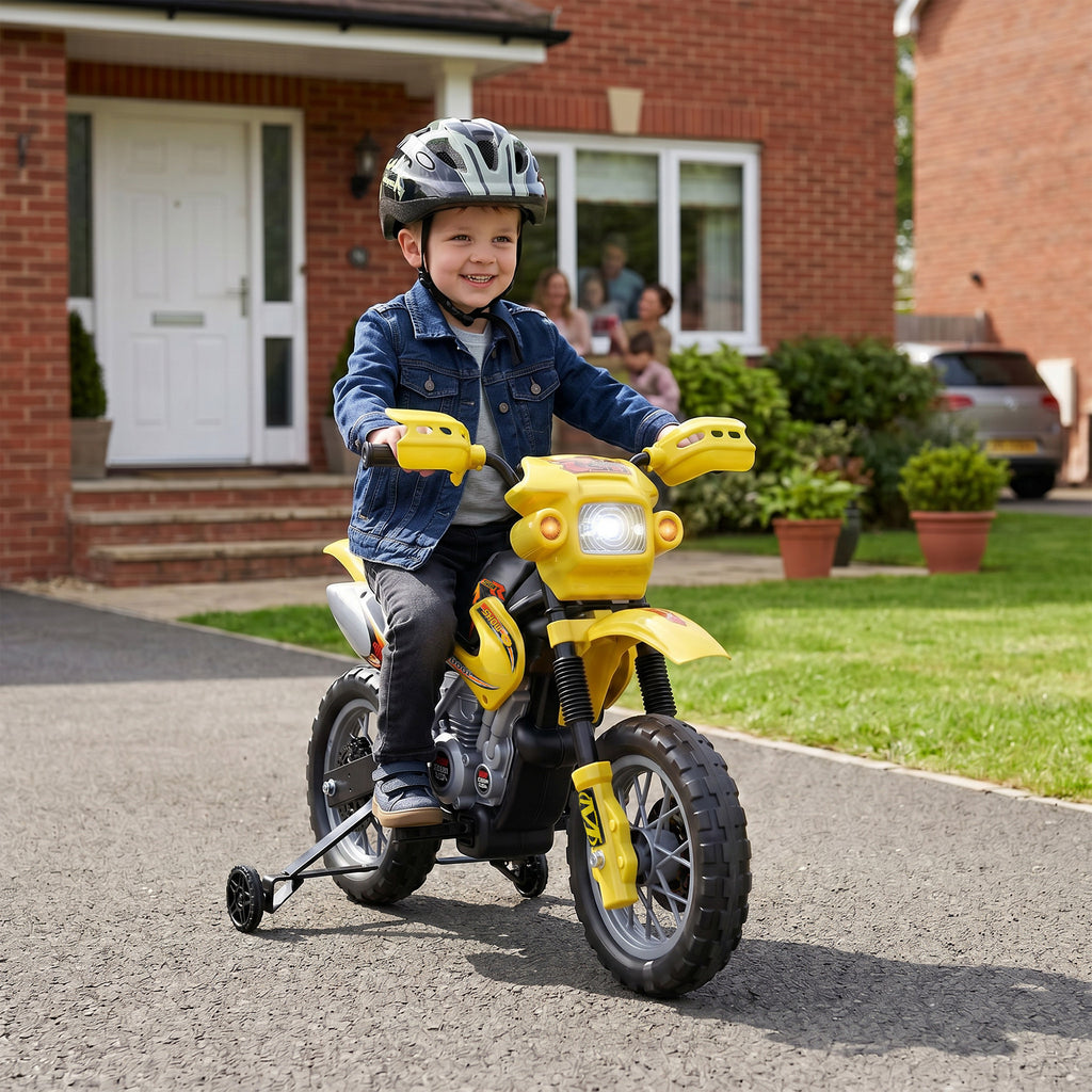 Moto électrique enfants, moto cross pour enfants avec batterie 6 V, phares, musiques et roues d'entraînement, 3 à 6 ans, charge 25KG, jaune et noir-9