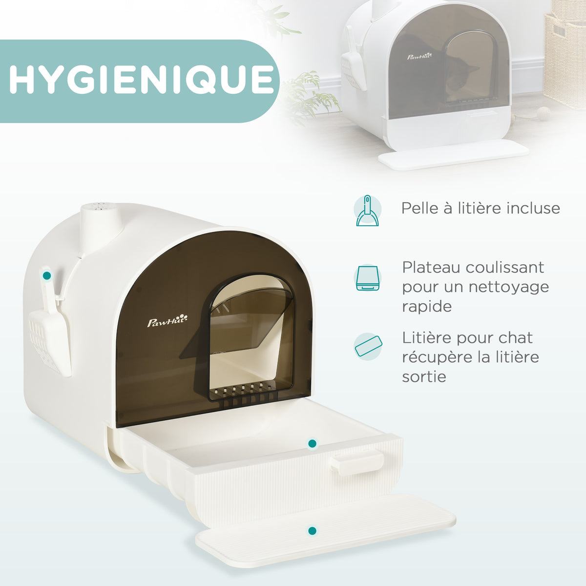 Maison de toilette pour chat avec tiroir amovible, bac à litière fermé avec tapis anti-trace, pelle, filtre anti-odeur et porte battante, nettoyage facile, 43 x 44 x 47 cm, blanc-3