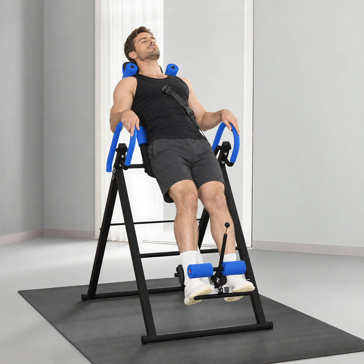 Table d'inversion de musculation pliable ceinture de sécurité réglable angle ajustable 3 niveaux 79x114x153cm bleu noir-8
