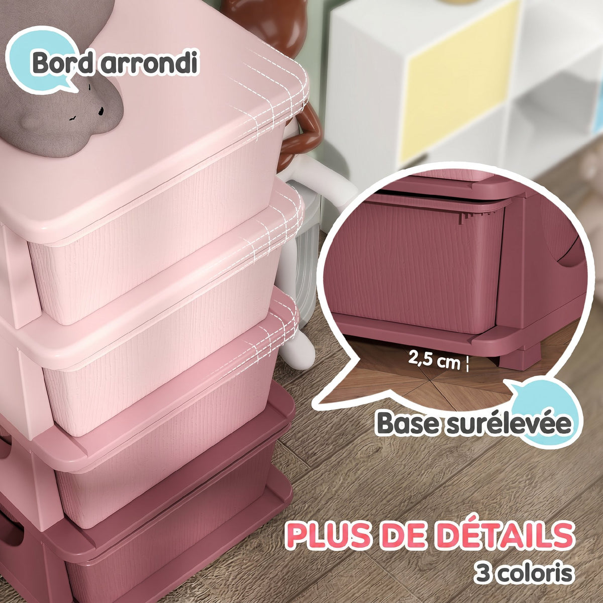 Organisateur de jouets pour enfants avec 4 tiroirs à 4 niveaux, boîtes de rangement en plastique, 37 x 37 x 76 cm, rose-4