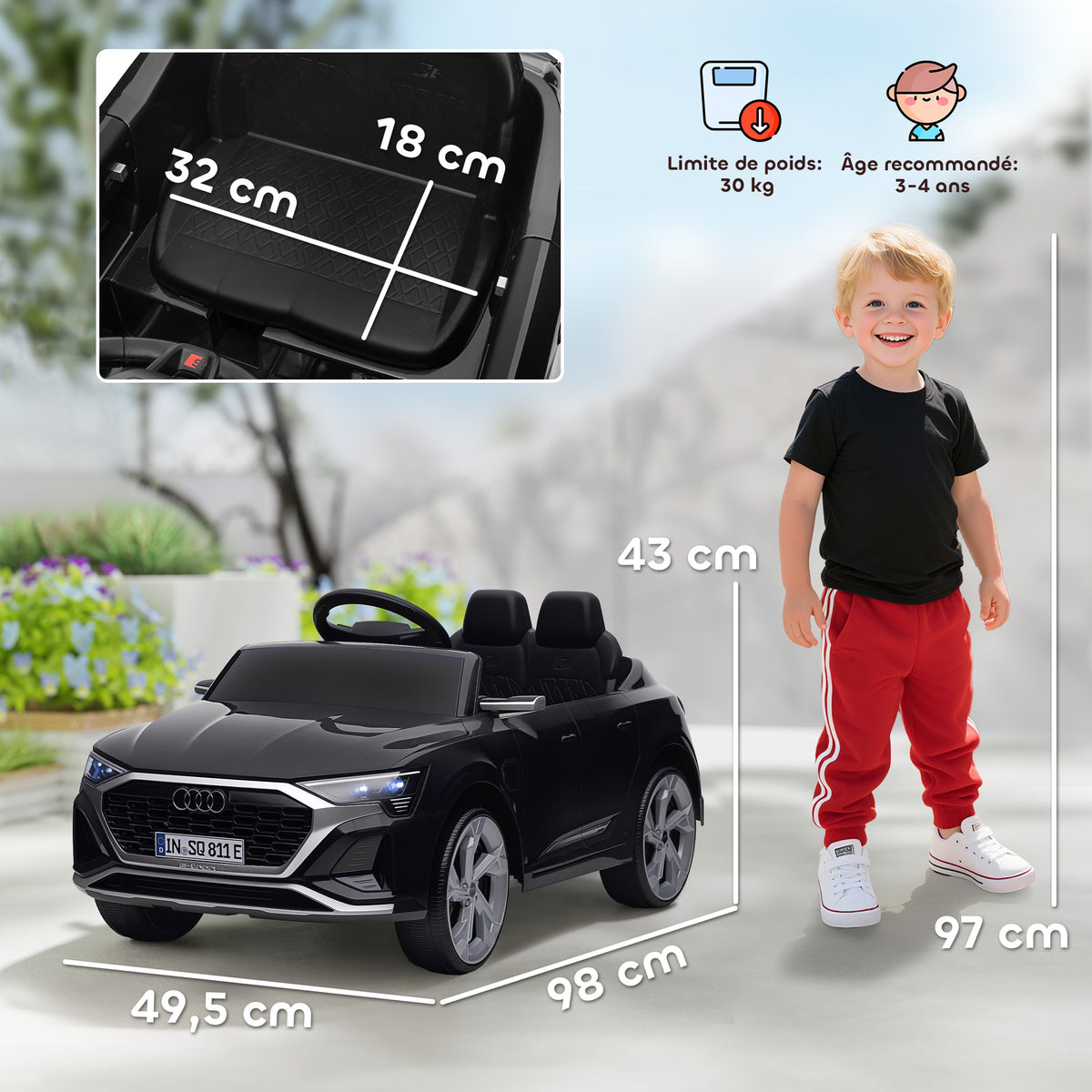 Voiture électrique pour enfants Licence Audi Q8 e-tron Sportback 12V télécommande, phares, musique, klaxon, 3-4 ans noir-2