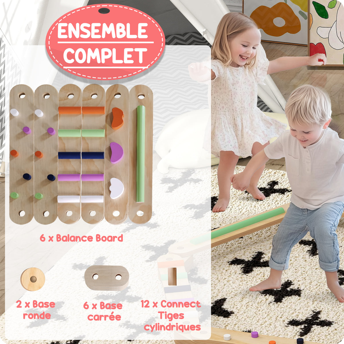 Poutre d'équilibre en bois pour enfants 3-8 ans avec pierres d'obstacle colorées, intérieur et extérieur-6
