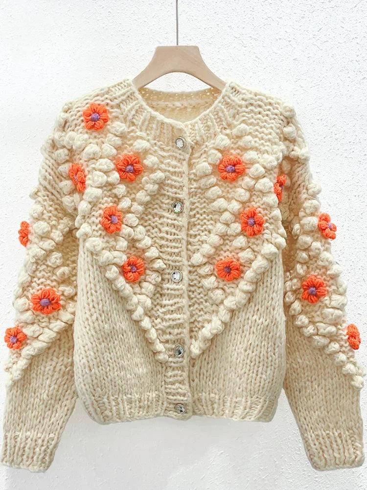 Round neck long sleeved three-dimensional handmade flower loose and fashionable knitted cardigan