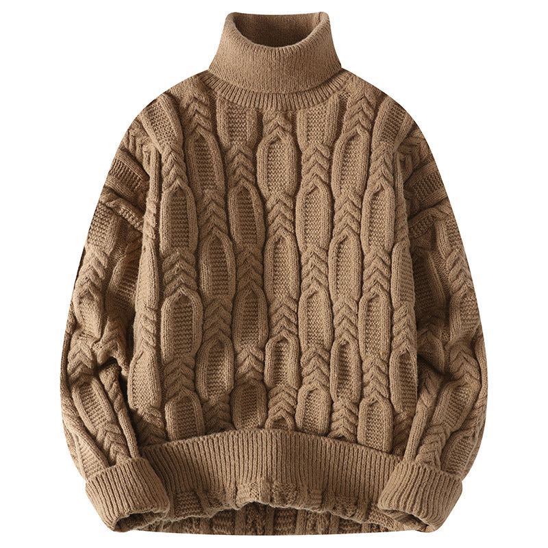 Anyang Dark Red Cable Knit Turtleneck Sweater Thickened Unisex Outerwear